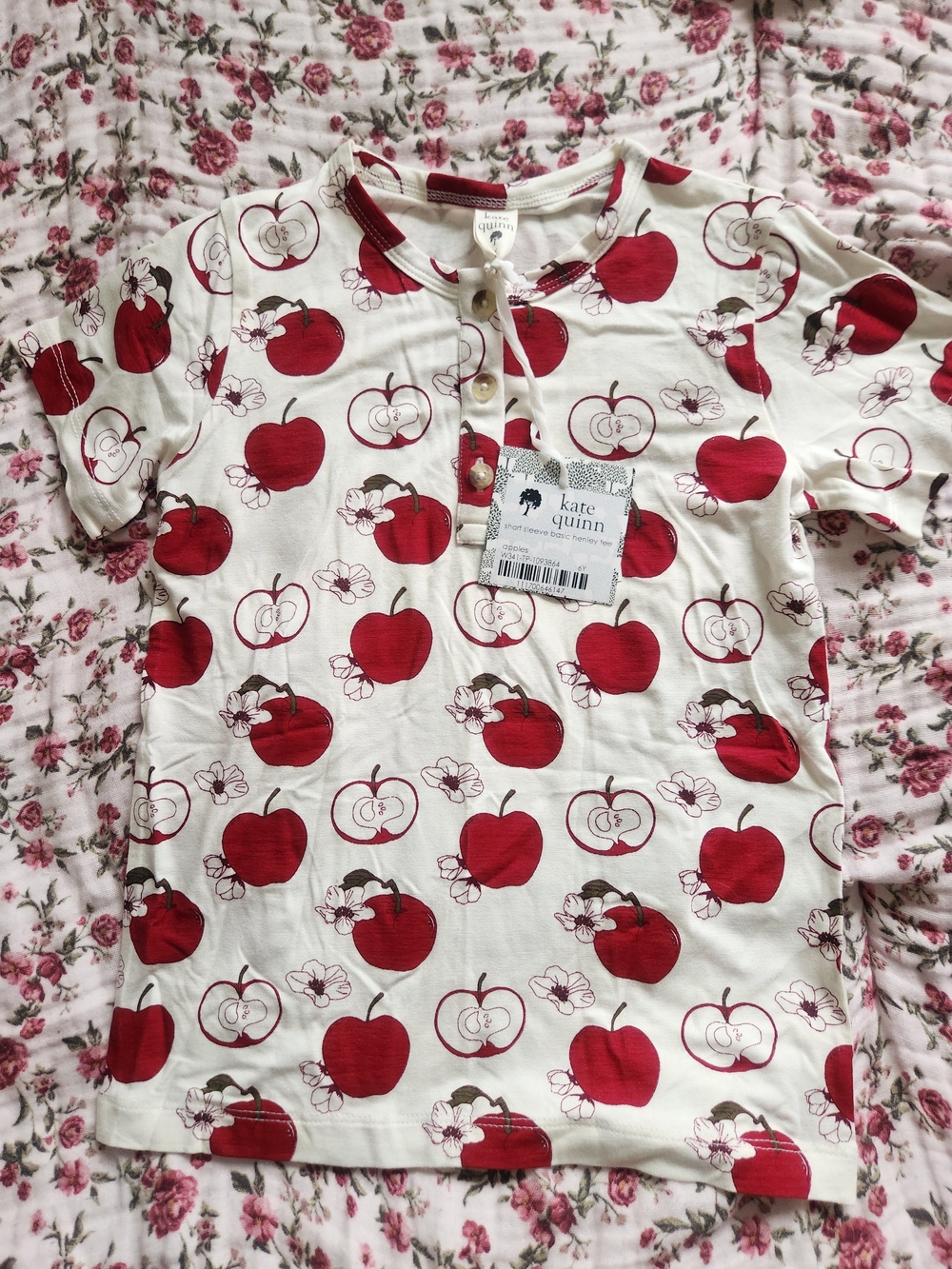 kate quinn Cream Short Sleeve Top with Red Apple Print